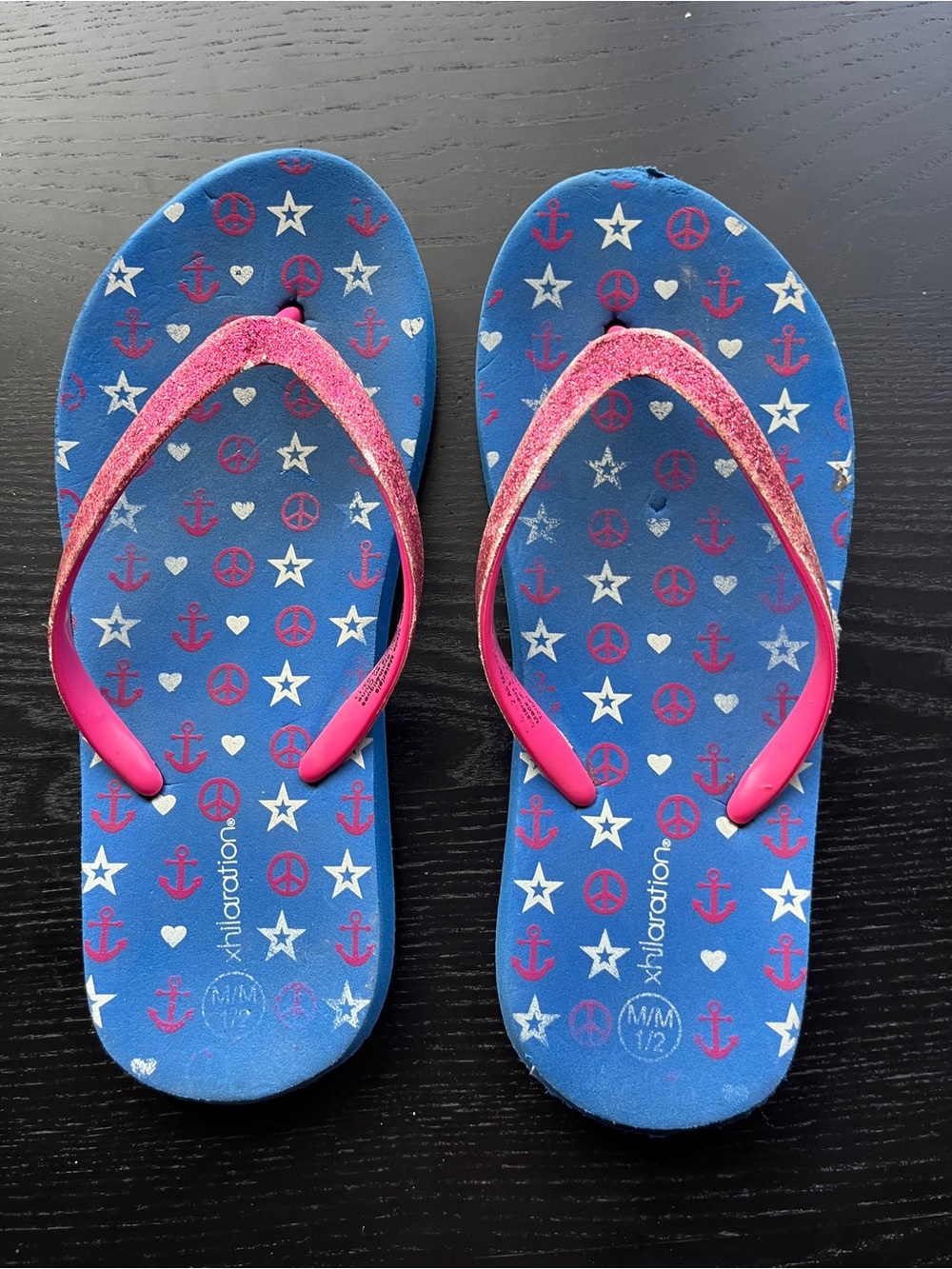 Xhilaration Blue & Pink Glitter Flip Flops Sandals Girls Youth Size M 1/2